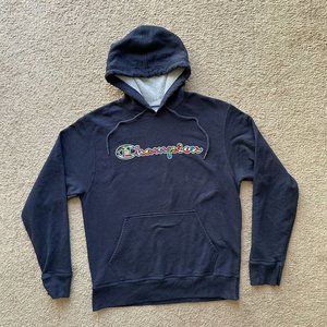 Champion Sweatshirt Mens Medium Hoodie Spellout Navy Blue Pockets